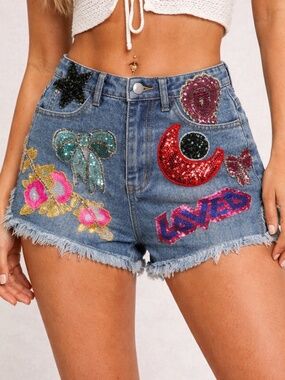 Festival Sequin Patch Denim Shorts - Y2K Boho High Rise Embellished Cutoffs S